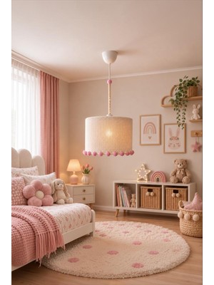 Elizim Home Lighting Lina El Yapımı Makrome Pudra Ponponlu Çocuk Odası Avizesi – 25 cm