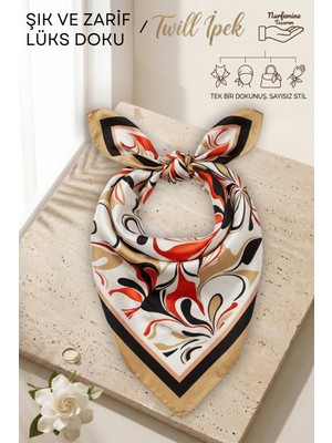 Nurfemina Modern Soyut Baskılı - Twill Ipek Dokulu - Çok Amaçlı Kare Bandana Fular 50X50 cm