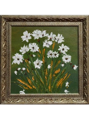 Tokyo Sanat Yeşil Arkaplanda Papatyalar Yağlı Boya Tablo (Çerçeve Dahil)