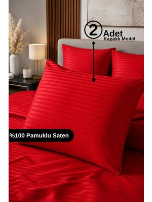 Senpai %100 Pamuk Saten Çizgili Kapaklı Yastık Kılıfı 2'li Lüx Otel Kalitesi | 50X70 Kırmızı