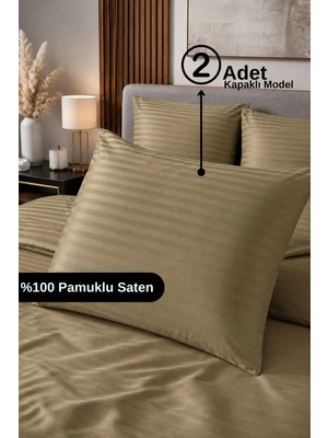 Senpai %100 Pamuk Saten Çizgili Kapaklı Yastık Kılıfı 2'li Lüx Otel Kalitesi | 50X70 Haki