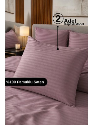 Senpai %100 Pamuk Saten Çizgili Kapaklı Yastık Kılıfı 2'li Lüx Otel Kalitesi | 50X70 Mürdüm
