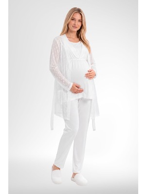 Mecit Pijama Mecit 6406 Ekru Dantel Sabahlıklı Lohusa Pijama Takımı