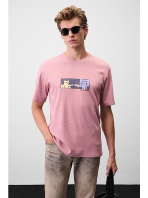 Grimelange Stone Erkek Yuvarlak Yakalı Önü Baskılı Pembe T-Shirt