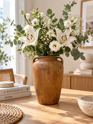 Yumuk Shop Testi Ahşap Görünümlü Dekoratif Seramik Vazo Iskandinav Modern Bohem Vazo 23X16
