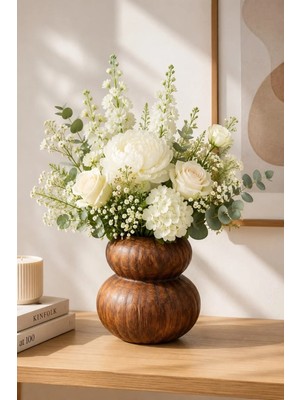 Yumuk Shop Terra Duo Ahşap Görünümlü Seramik Vazo Iskandinav Modern Bohem Dekoratif Şık Vazo 14X14 cm