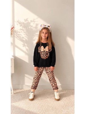 Superbaby Kız Çocuk Leopar Desenli Üç Iplik Şardonsuz Eşofman Takımı - Fiyonk Detaylı Siyah Sweatshirt ve Leopar Alt Takım