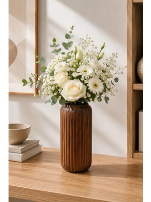 Yumuk Shop Terra Linea Ahşap Görünümlü Seramik Vazo Iskandinav Modern Bohem Dekoratif Şık Vazo 19X11 cm