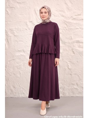 Modestim Kadın Tesettür Bordo Pike Kumaş Peplum Fırfırlı Bluz Etek Takım