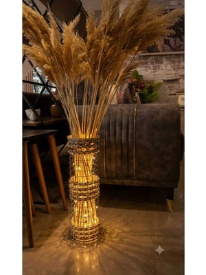Egindra LED Aydınlatmalı Hasır Kuru Çiçek Vazosu Yer Vazosu Bohem Dekoratif Yer Vazosu 48-50 cm