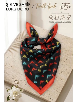 Nurfemina Modern Geometrik Zikzak Desenli - Twill Ipek Dokulu - Çok Amaçlı Kare Bandana Fular 50X50 cm