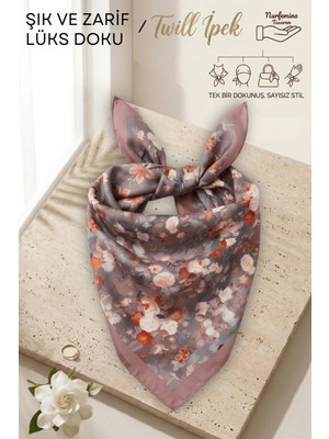 Nurfemina Çiçek Desenli Kahverengi - Twill Ipek Dokulu - Çok Amaçlı Kare Bandana Fular 50X50 cm
