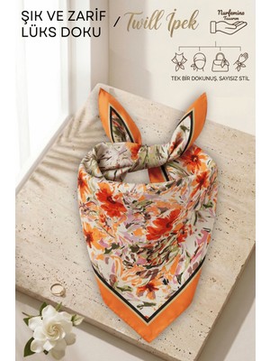 Nurfemina Sanatsal Floral Baskılı - Twill Ipek Dokulu - Çok Amaçlı Kare Bandana Fular 50X50 cm