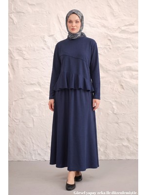 Modestim Kadın Tesettür Lacivert Pike Kumaş Peplum Fırfırlı Bluz Etek Takım