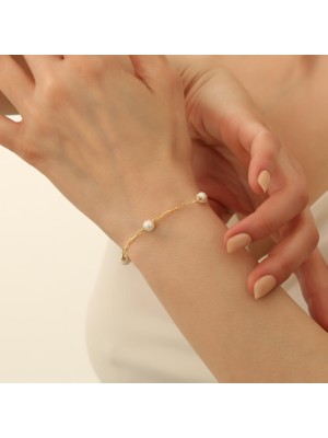 Nox Jewelry 14 Ayar Altın Kaplama Beyaz Tatlı Su İncili Ataç Zincir Kadın Gümüş Bileklik - CBP00117
