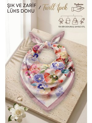 Nurfemina Sanatsal suluboya Çiçek - Twill Ipek Dokulu - Çok Amaçlı Kare Bandana Fular 50X50 cm