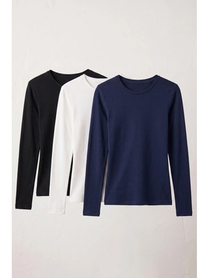 Elemge 3'lü Paket %95PAMUK %5likra Vücuda Oturan Magic Fit Stretch Uzun Kollu T-Shirt Compact Penye Esnek Basic Tişört Siyah Beyaz Lacivert Kadın Elastan Bluz Elastan