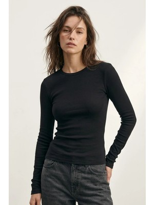 Elemge %95PAMUK %5likra Vücuda Oturan Magic Fit Siyah Kadın Stretch Uzun Kollu T-Shirt Compact Penye Esnek Basic Tişört Elastan Bluz