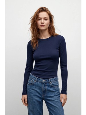 Elemge %95PAMUK %5likra Vücuda Oturan Magic Fit Lacivert Kadın Stretch Uzun Kollu T-Shirt Compact Penye Esnek Basic Tişört Elastan Bluz
