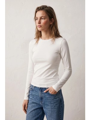 Elemge %95PAMUK %5likra Vücuda Oturan Magic Fit Beyaz Kadın Stretch Uzun Kollu T-Shirt Compact Penye Esnek Basic Tişört Elastan Bluz