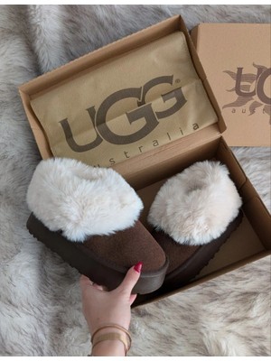 Evlium UGG Tazzelle Acı Kahve Süet Kürk Detaylı 5 cm Platform Kadın Bot