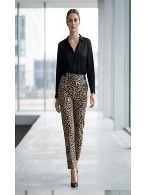 Fibula Leopar Desen Bilek Boy Bel Lastikli Pamuk Seten Pantolon