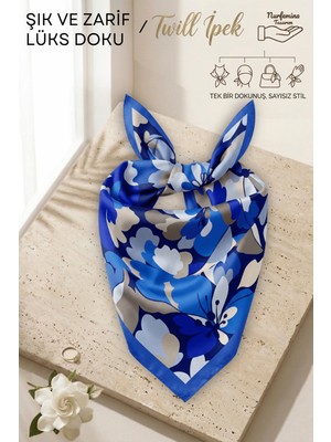 Nurfemina Maison Prestige Koyu Lacivert Büyük Floral Desenli  - Twill Ipek Dokulu - Çok Amaçlı Kare Bandana Fular 50X50 cm