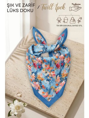 Nurfemina Sanatsal Mavi Empresyonist Floral Desenli  - Twill Ipek Dokulu - Çok Amaçlı Kare Bandana Fular 50X50 cm