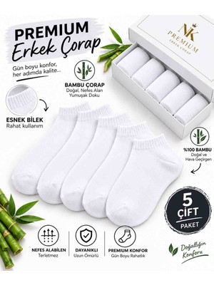 Nevzat Şahin Küçüktilki EST 1987 Erkek Bambu Çorap 5 Çift Paket Beyaz Premium Nefes Alan Esnek Bilek Günlük Konforlu Çorap