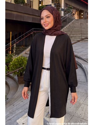 Modestim Kadın Fitilli Kumaş Yarasa Kol Siyah Tesettür Hırka