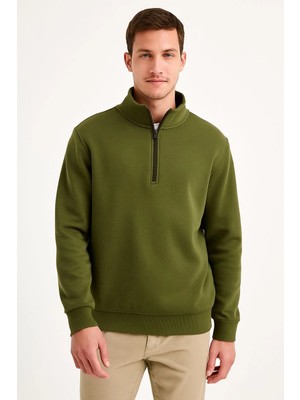 Tarz Yeri Erkek Dik Yaka Sweatshirt Dik Yaka Yarım Fermuarlı 3 Iplik Şardonlu Pamuk Kumaş - Haki