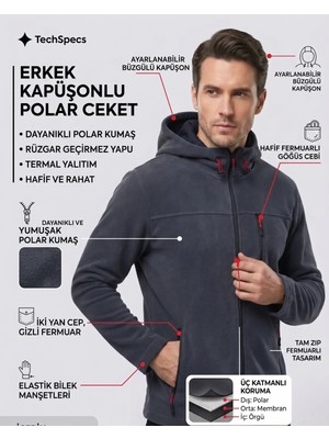 Luxic Core Luxıc Core Erkek Koyu Gri Kapüşonlu Polar Ceket 3 Cepli Fermuarlı Sıcak Tutan Outdoor