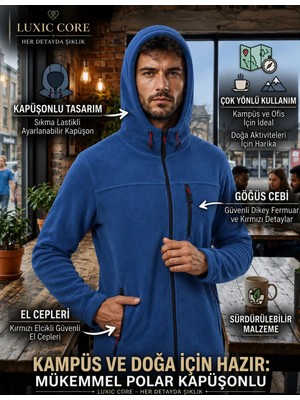 Luxic Core Luxıc Core Erkek Mavi Kapüşonlu Polar Ceket 3 Cepli Fermuarlı Sıcak Tutan Outdoor