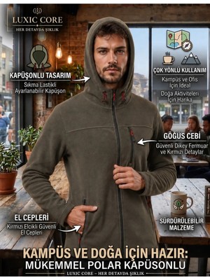 Luxic Core Luxıc Core Erkek Füme Kapüşonlu Polar Ceket 3 Cepli Fermuarlı Sıcak Tutan Outdoor