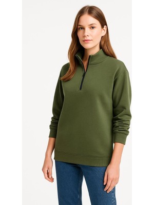Tarz Yeri Kadın 3 Iplik Dık Yaka Yarım Fermuarlı Sweatshirt - Haki