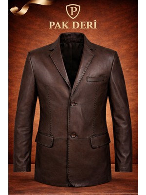 PAK Erkek Kahverengi Hakiki Deri Ceket - Klasik  Düğmeli Blazer Mont