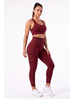 Womenmade Kadın Vişne Bordo Renk Dikişsiz Spor Büstiyer ve Push Up Toparlayıcı Spor Tayt Takımı