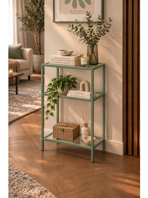 Trendmiz Yakut Adaçayı Yeşili 3 Raflı Metal Dresuar Cam Raflı Dekoratif Konsol Çok Amaçlı Salon ve Antre Rafı 85X45X33