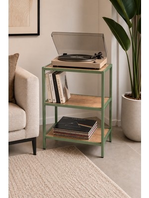 Trendmiz Woddi Adaçayı Yeşili 3 Raflı Plak Çalar Sehpası Ahşap Raflı Metal Pikap Standı ve Plaklık 60X45X33