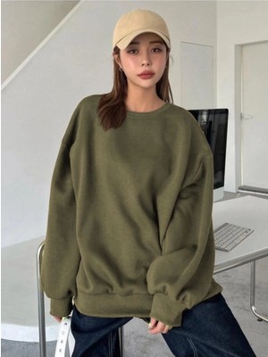 Velmora Fashion Kadın Düz Bisiklet Yaka 3 Iplik  Sweatshirt - Yeşil
