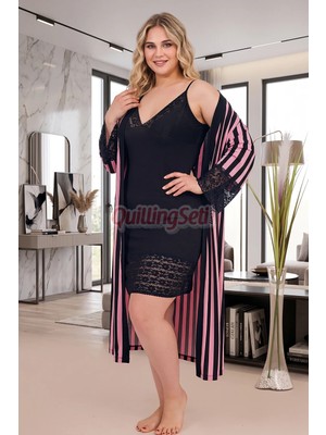 Quilling Lady Siyah Renk, Pembe Çizgili, Askılı Kol Büyük Beden 2li Sabahlıklı Anne Gecelik Takım - 19239 Pembe - Siyah 4xl