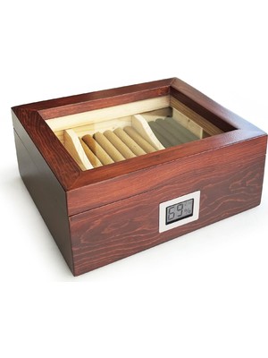 1001 Mezmob Masif Yerli Sedir Ağacı Humidor Puro Kutusu Camlı 2 Bölmeli Dijital