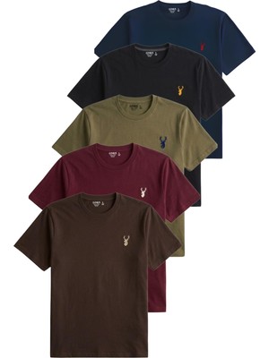 1001 Erkek 5'li TIŞÖRT%100 Pamuk Süprem Rahat Kalıp Basic Tişört Bisiklet Yaka Nakışlı T-Shirt E