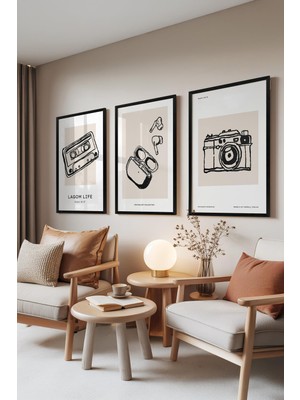 1001 Siyah Çerçeveli 3’lü Tablo Seti Kaset Kulaklık ve Fotoğraf Makinesi Çizimleri Ofis Set 30037