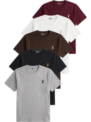 1001 Erkek 5'li TIŞÖRT%100 Pamuk Süprem Rahat Kalıp Basic Tişört Bisiklet Yaka Nakışlı T-Shirt E