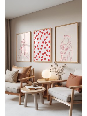 1001 Ahşap Çerçeveli 3’lü Tablo Seti Aşk & Minimal Çizim – Modern Genç Odası Set 30147, 15 x