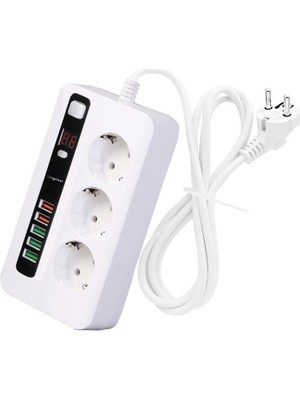 1001 H-03 Üçlü Priz 5 USB Portlu Akıım Korumalı Yangına Dayanıklı 3000 W On/off Düğmeli 2 Metr