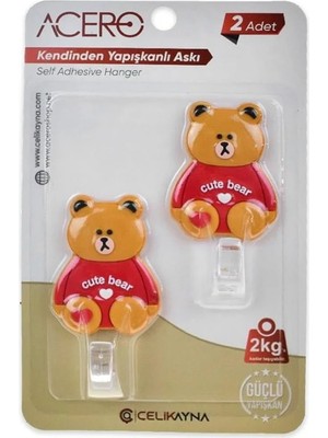 1001 Cute Bear Kendinden Yapışkanlı Askı 2li, Sevimli Ayıcık Mutfak ve Banyo Askısı x 2 Adet, 2 K