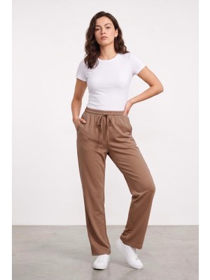 1001 Kadın Pantolon Beli Lastikli Cepli Rahat Kalıp Kadın Spor Pantolon (Düz, Standart)