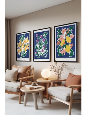 1001 Siyah Çerçeveli 3’lü Tablo Seti Modern Botanical Illüstrasyon – Salon Set 30139, 50 x 70
